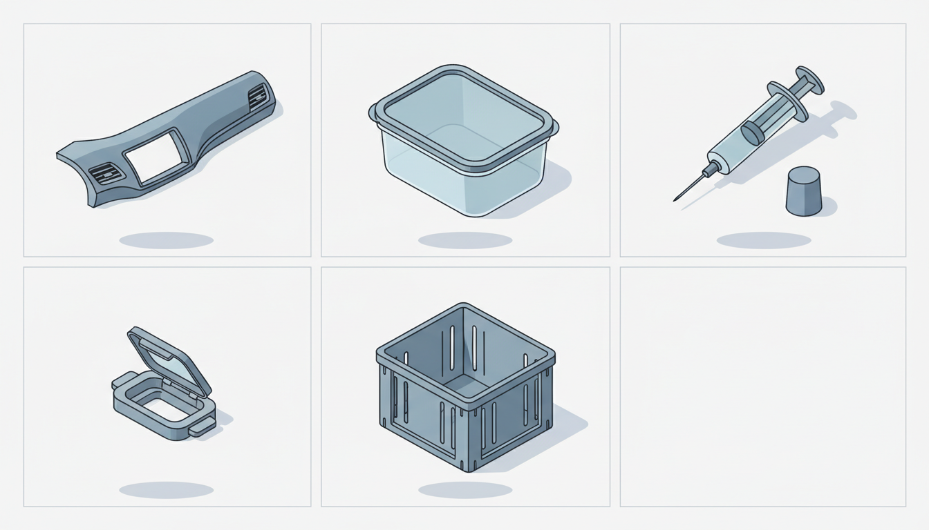 PE, PP, ABS ve PS gibi farklı termoplastik türlerini gösteren teknik görsel